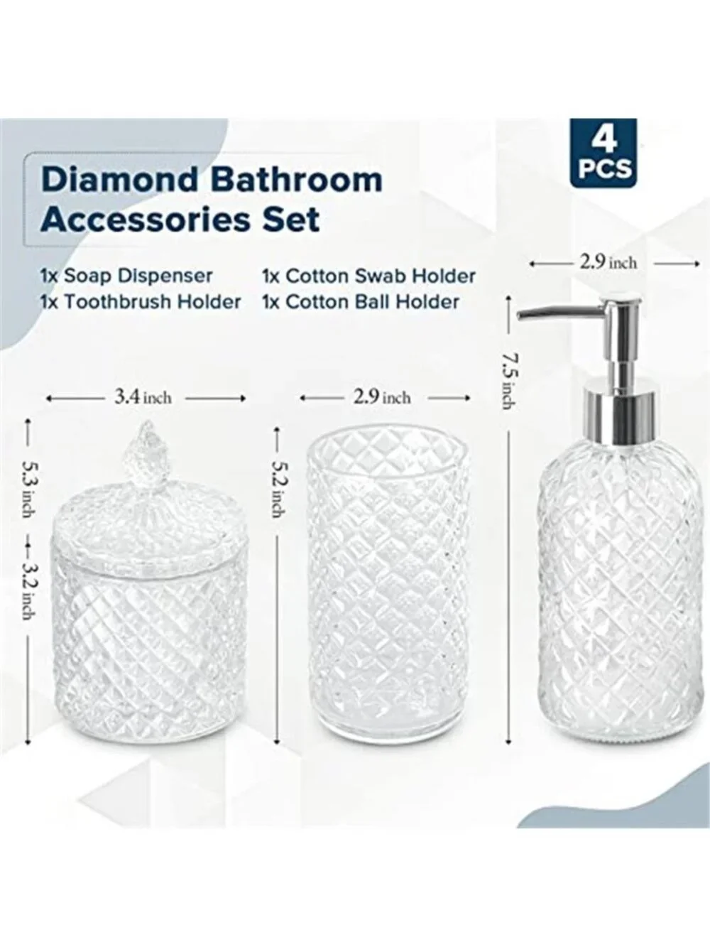 Bathroom Accessories Set, 4 Pack Clear Glass Bath Accessory Sets Soap Dispenser